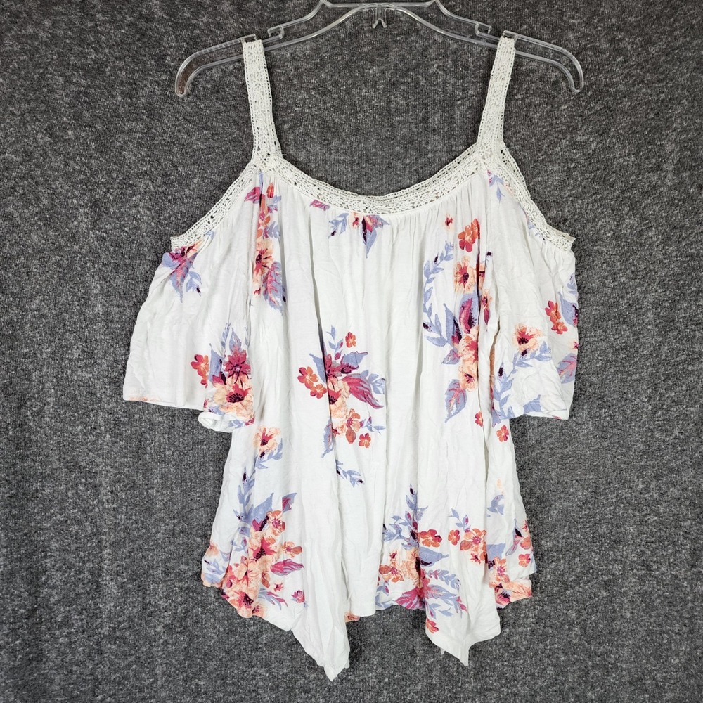 Mudd Top Womens Medium Cold Shoulder White Floral Crochet Lace Trim Boho EUC